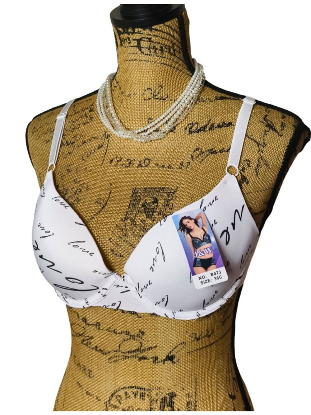 J&W Womens 36C T-Shirt Bra White LOVE Print Lightly Padded Underwire Adjust